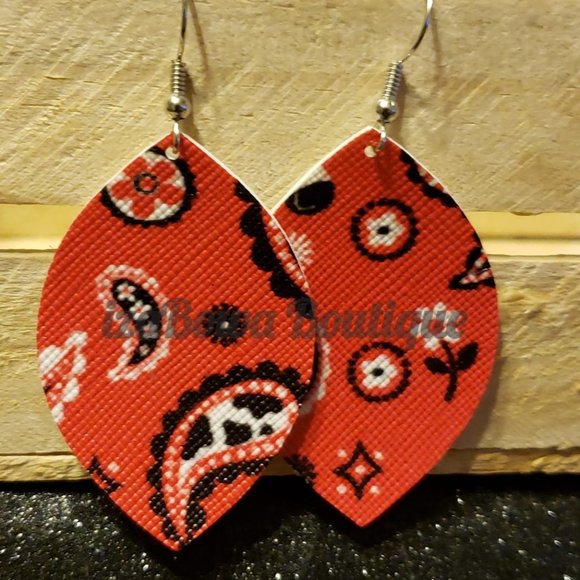 Hand Crafted Jewelry - Red Bandana Print Teardrop Faux Leather Earring  HAND CRAFTED